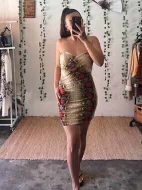 Vintage y2k Va Va Voom snakeprint ruched strapless bodycon dress